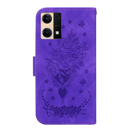 Чехол-книжка Butterfly Rose Embossed для OPPO Reno7 4G - фиолетовый