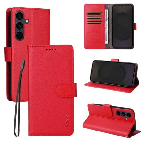 Чохол-книжка ENKAY RFID Blocking Wallet Kickstand з фактурою Litchi та магнітним хлястиком на Samsung Galaxy S25 FE 5G - червоний