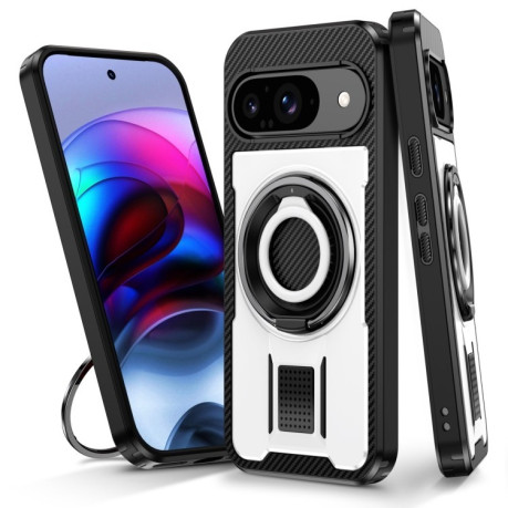 Противоударный чехол Ring Holder Carbon Fiber PC Hybrid TPU для Google Pixel 9 / 9 Pro - белый