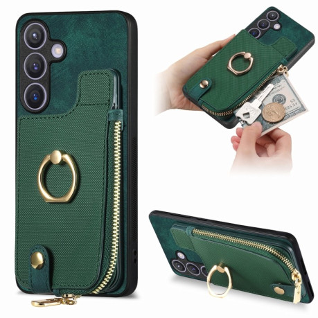 Чохол Cross Leather Ring Vertical Zipper Wallet для Samsung Galaxy S24 5G - зелений