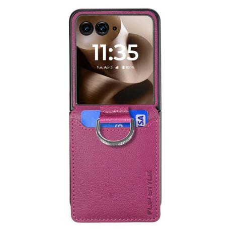 Противоударний чехол Litchi Texture Leather Ring Wallet на Motorola Razr 60 Ultra - фіолетовий
