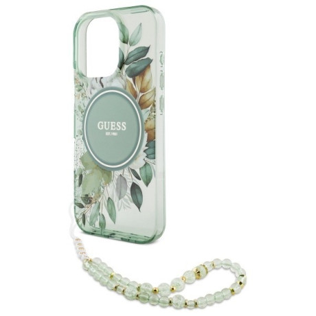 Оригінальний чохол Guess IML Flowers With Pearl Strap MagSafe для iPhone 16 Pro Max - green