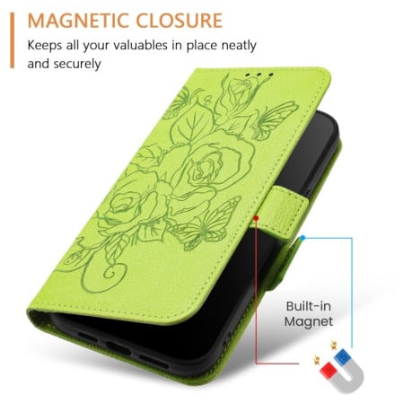 Чехол-книжка Embossed Rose RFID Anti-theft Leather для Realme GT 6T 5G Global - зеленый