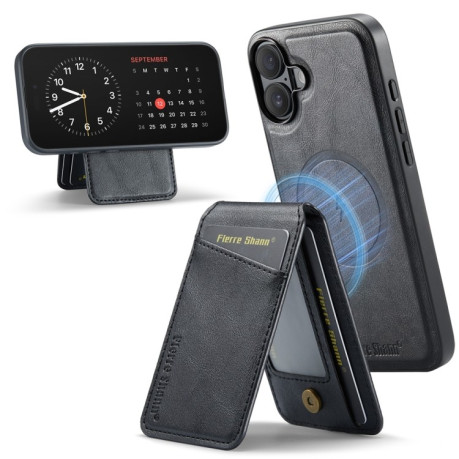 Чохол Fierre Shann Oil Wax Cow Leather Magnetic Card Holder на iPhone 16 - чорний