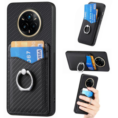 Противоударный чехол Carbon Fiber Card Wallet Ring Holder для Realme 14 Pro+ - черный