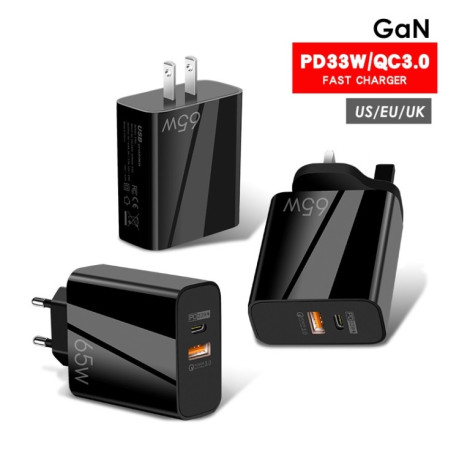 Швидка зарядка A502 65W USB-C/Type-C+USB Dual Port GaN Charger QC3 Universal Charger EU Plug - чорна