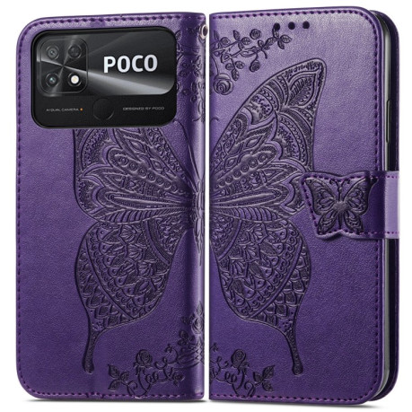 Чехол-книжка Butterfly Love Flower Embossed на Xiaomi Poco C40/Redmi 10c - темно-фиолетовый