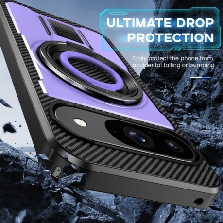 Противоударный чехол Ring Holder Carbon Fiber PC Hybrid TPU для Google Pixel 9 / 9 Pro - фиолетовый