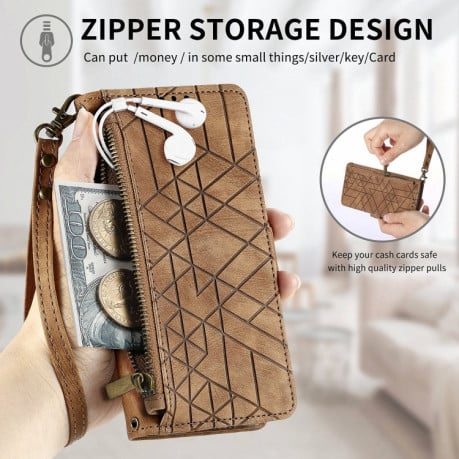 Чохол-книжка Geometric Zipper Wallet Side Buckle Leather для Realme Note 50 - коричневий