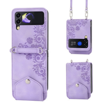 Противоударный чехол Skin Feel Flowers Embossed Wallet для Samsung Galaxy Flip 5 - фиолетовый