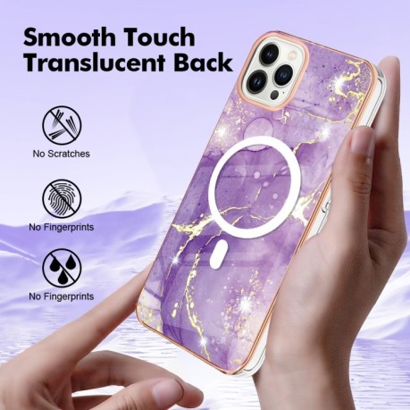 Противоударный чехол Marble Pattern Dual-side IMD Magsafe для iPhone 15 Pro - фиолетовый