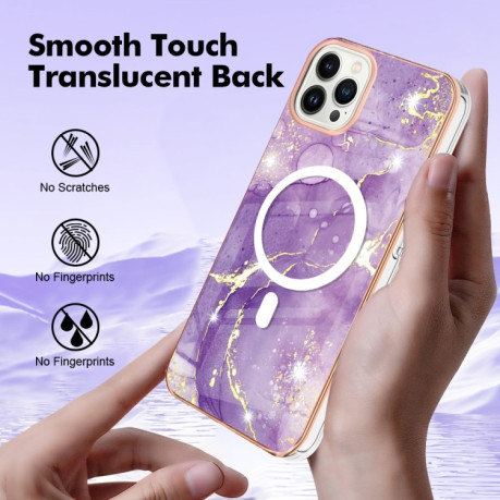 Противоударный чехол Marble Pattern Dual-side IMD Magsafe для iPhone 15 Pro Max - фиолетовый