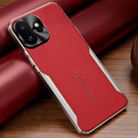 Противоударный чехол Electroplated Frame Sheepskin Texture Morandi Color с кожаной фактурой на OnePlus 15T — красный
