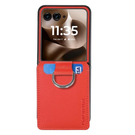 Противоударный чехол Litchi Texture Leather Ring Wallet  на Motorola Razr 60 Ultra - оранжевый