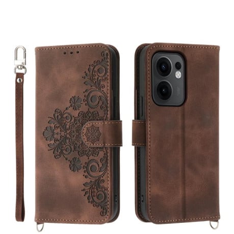 Чохол-книжка Skin-feel Flowers Embossed для OPPO Reno13 F /Reno13 FS 4G/5G - коричневий