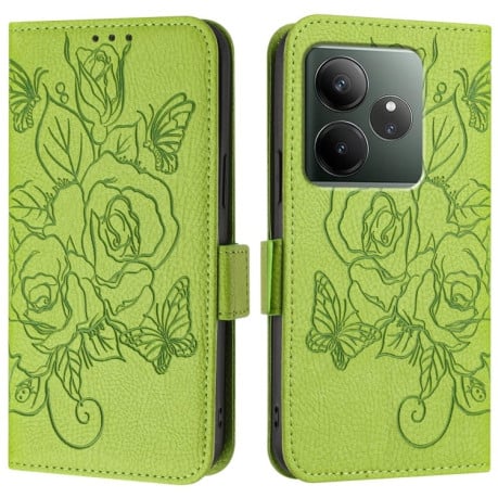 Чехол-книжка Embossed Rose RFID Anti-theft Leather для Realme GT 6T 5G Global - зеленый