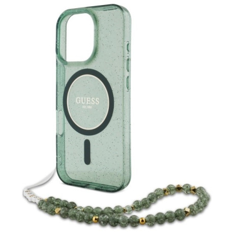 Оригинальный чехол Guess IML Glitter With Pearl Strap MagSafe для iPhone 16 Pro Max - green