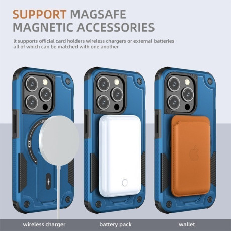 Противоударный чехол MagSafe Holder Armor PC Hybrid для iPhone 15 Pro - синий