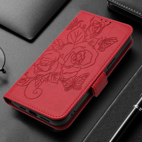 Чехол-книжка Embossed Rose RFID Anti-theft Leather для Realme GT 6T 5G Global - красный