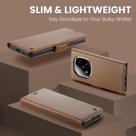 Чехол-книжка CaseMe 023 Butterfly Buckle Litchi Texture RFID Anti-theft Leather для Xiaomi Redmi Note 14 Pro 4G - коричневый
