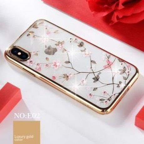 Чехол SULADA Flower Pattern Plating Diamond на iPhone XS / X-золотой