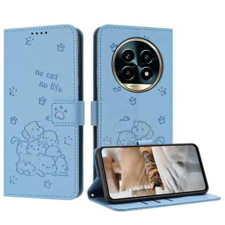 Чехол-книжка Embossed Kitten Phone Leather Case with Lanyard для Realme 13 Pro 5G - синий
