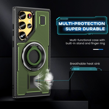 Протиударний чохол Ring Holder Carbon Fiber PC Hybrid TPU  для Samsung Galaxy S25 Ultra 5G - зелений