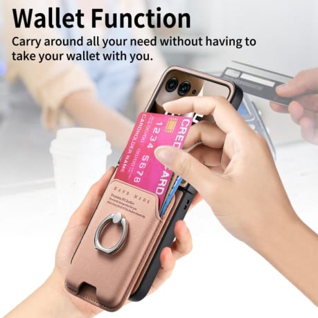 Противоударный чехол Twill Fabric Card Bag Ring Magnetic для Motorola Moto Razr 60 Ultra 5G - рожевий