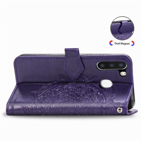 Чехол-книжка Lucky Clover Halfway Mandala Embossing Pattern на Samsung Galaxy A21 - Пурпурный