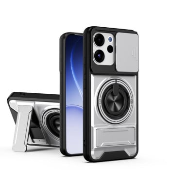 Противоударный чехол Lens Sliding Window Multifunctional Magnetic Shockproof со шторкой камеры для OPPO Reno15 F 5G Global — титаново-серый