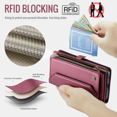 Чехол-книжка CaseMe C36 Card Slots Zipper Wallet RFID Anti-theft Leather для Google Pixel 9a - винно-красный
