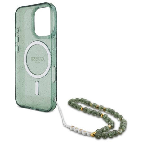 Оригинальный чехол Guess IML Glitter With Pearl Strap MagSafe для iPhone 16 Pro Max - green
