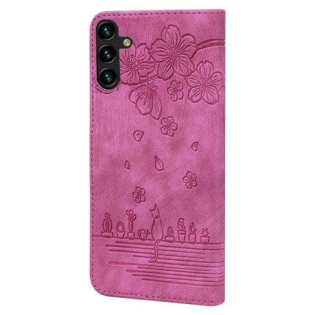 Чехол-книжка Cartoon Sakura Cat для Samsung Galaxy A16 5G - пурпурно-красный