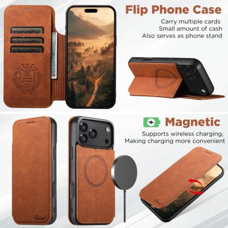 Чехол-книжка Suteni J06 с фактурой Retro Matte Litchi с MagSafe на iPhone 17 - хаки