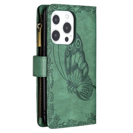 Чехол-кошелек Flying Butterfly Embossing для iPhone 13 Pro Max - зеленый