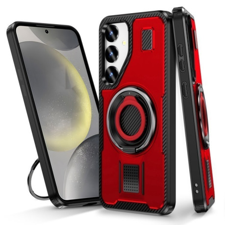 Противоударный чехол Ring Holder Carbon Fiber PC Hybrid TPU для Samsung Galaxy S25+ 5G - красный