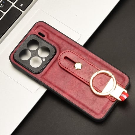 Противоударный чехол Wristband Leather Back для Xiaomi 15 Pro - красный