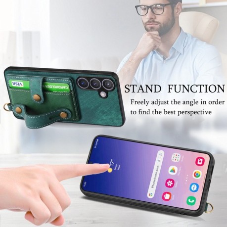 Противоударный чехол Retro Cross Wristband Wallet Leather для Samsung Galaxy S24+ 5G - зеленый