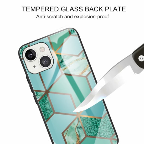 Противоударный стеклянный чехол Marble Pattern Glass на iPhone 14/13 - Rhombus Green