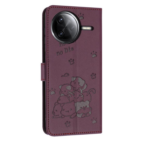 Чехол-книжка Embossed Kitten Phone Leather для Xiaomi Poco F7 Pro / F7 Ultra - винно-красный