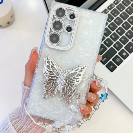 Противоударный чехол Plating Glitter Lens Film Texture Butterfly Holder Wristband для Samsung Galaxy S25 Ultra 5G - White Shell Pattern
