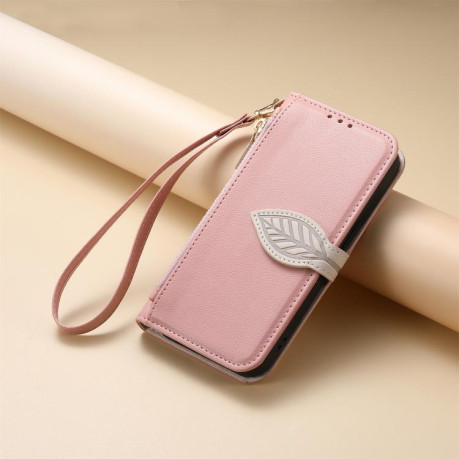 Чохол-книжка Leaf Buckle Zipper Wallet Leather with Strap на блискавці з ремінцем для OPPO Reno14 F 5G — рожевий