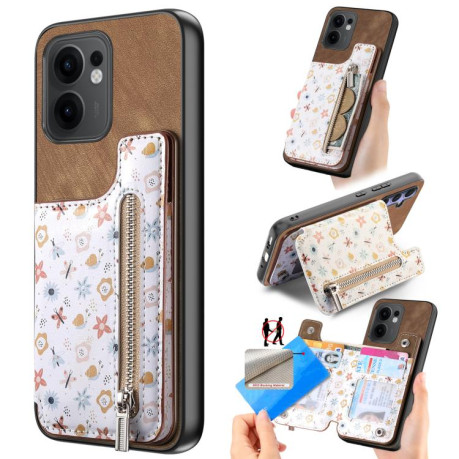 Противоударный чехол Retro Painted Zipper Wallet для OPPO Reno13 F 5G - коричневый