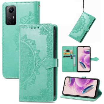Чехол-книжка Lucky Clover Halfway Mandala Embossing Pattern на Xiaomi Redmi Note 12S - зеленый