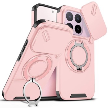 Противоударный чехол со шторкой камеры Sliding Camshield и кольцом-подставкой на Xiaomi 17T 5G — розовый