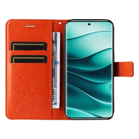 Чехол-книжка Embossed Butterfly для Xiaomi Redmi Note 14 Pro / 14 Pro+ 5G - оранжевый
