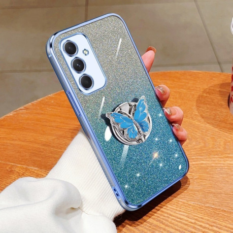 Противоударный чехол Plated Gradient Glitter Butterfly Holder для Samsung Galaxy A55 5G - голубой