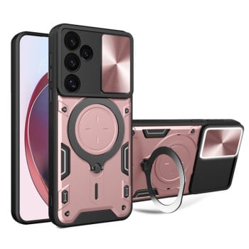 Чохол із шторкою камери CD фактурою та підставкою на Samsung Galaxy S24 FE 5G - рожевий