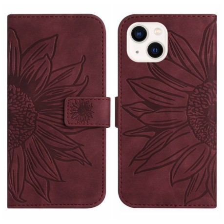 Чохол-книжка Skin Feel Sun Flower для iPhone 15 Plus - винно-червоний