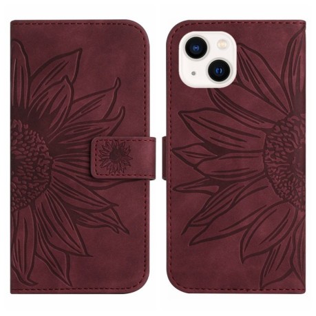 Чехол-книжка Skin Feel Sun Flower для iPhone 15 - винно-красный